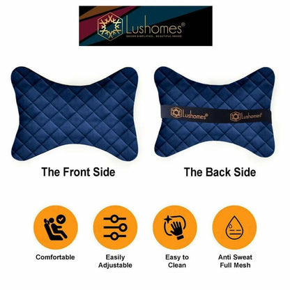 Lushomes Car Neck Rest Pillow, Foam Seat Support, Premium Quilted Velvet Support for Neck, Cervical, Head and Avoids Pain, Set of 2 Pcs, 6x10 Inches, Blue - HalfPe