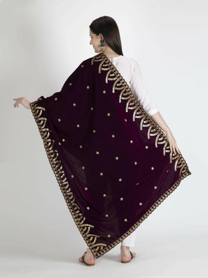 Embroidered Velvet Shawl Dupatta(Purple) - HalfPe