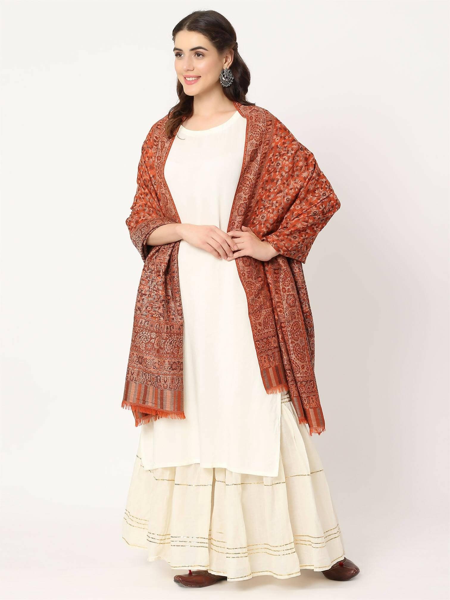 Dark Mustard Pure Wool Kani Multiweave Shawl for women - HalfPe