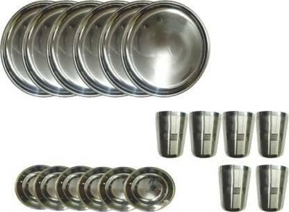 SHINI LIFESTYLE Pack of 18 Stainless Steel Heavy Quality Mirror Finish (6 Dinner Plates, 6 bowl/wati, 6 Glasses, set of 18 ) - HalfPe