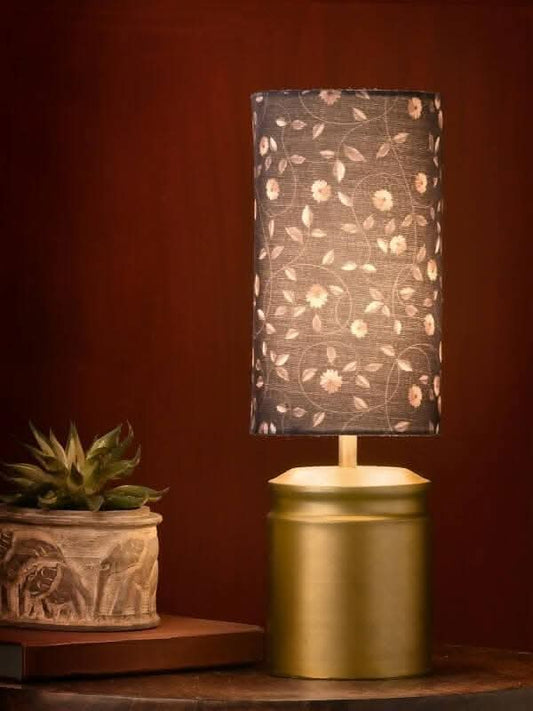 Metal Golden Table Lamp With Floral Print Shade - HalfPe