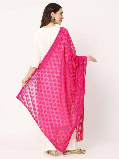 Magenta Pink Sequined Phulkari Embroidery Dupatta - HalfPe