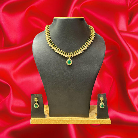 Designer Necklace with Earrings with green stone - HalfPe