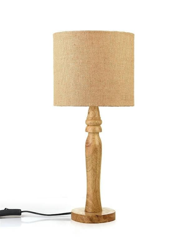 Green Girgit Round Brown Lamp With Brown Jute Shade - HalfPe