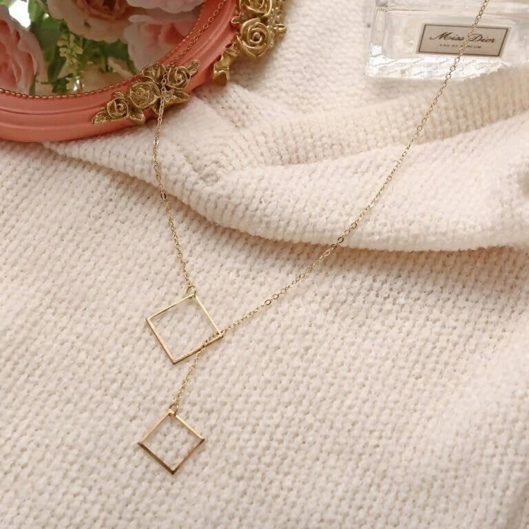 Pinapes Gorgeous Gold Plated Square in Square Y-Shaped Pendant Necklace for Women and Girls - HalfPe