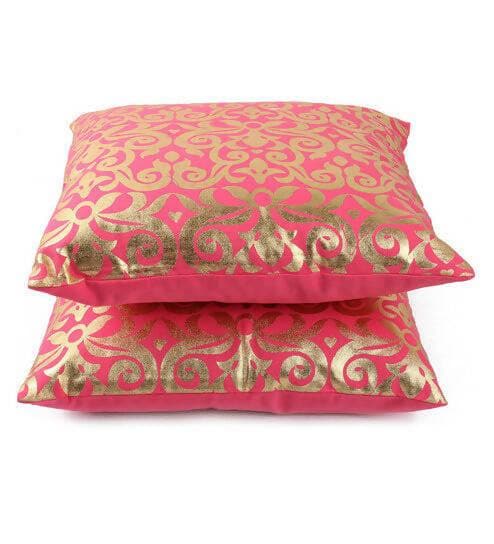 Lushomes Cushion covers 16 inch x 16 inch, Sofa Cushion Cover, Foil Printed Sofa Pillow Cover, festive cushion covers (Size 16 x 16 Inch, Set of 2, Pink) - HalfPe