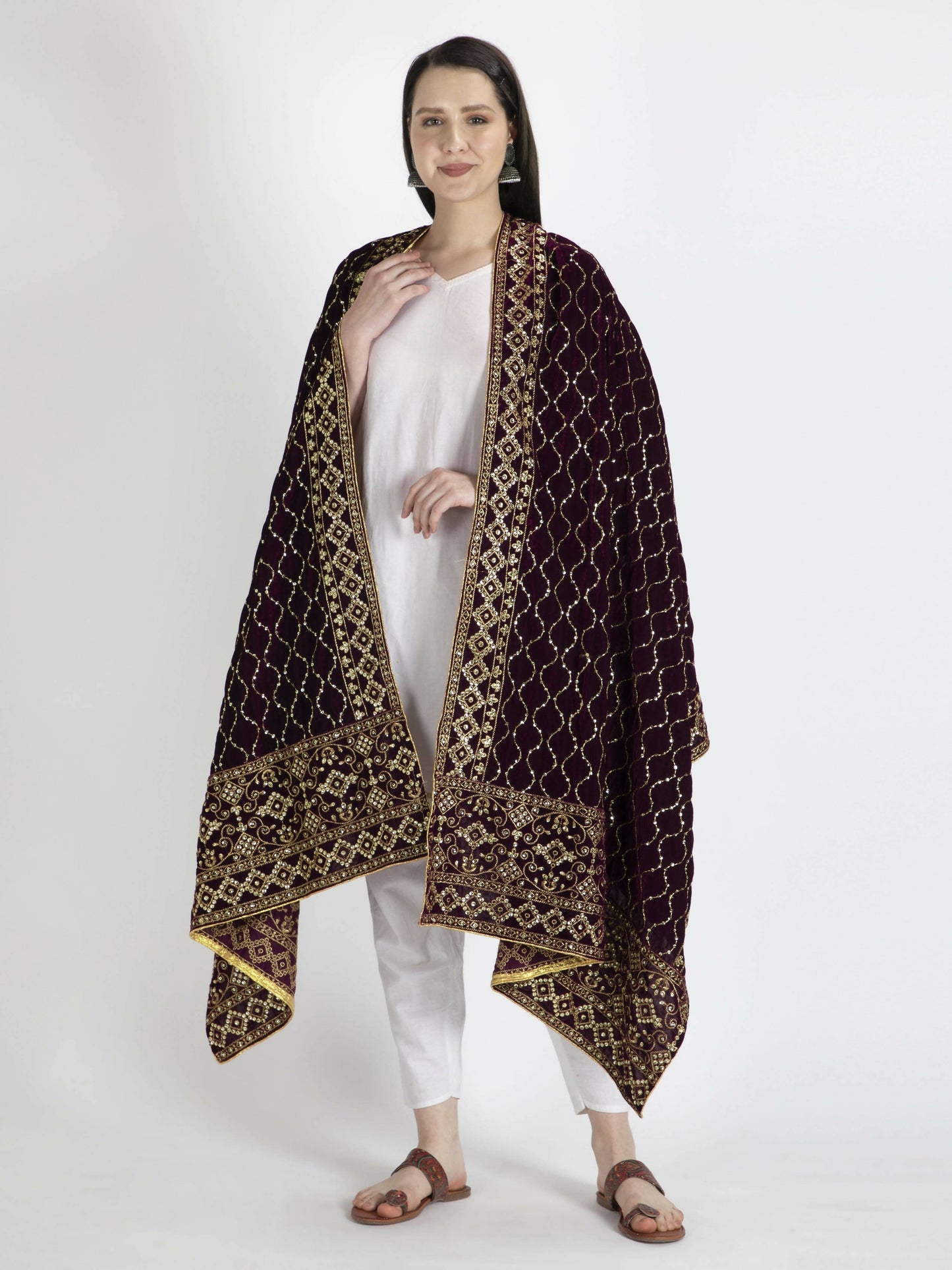 Brown Embroidered Shawl Dupatta For Women - HalfPe