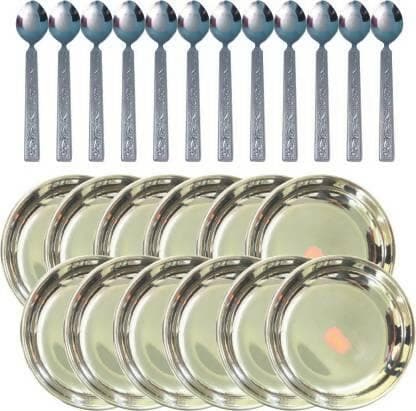 Shini lifestyles dinner set of thali 12pcs and spoons 12 pcs with laser design (set of 24) - HalfPe