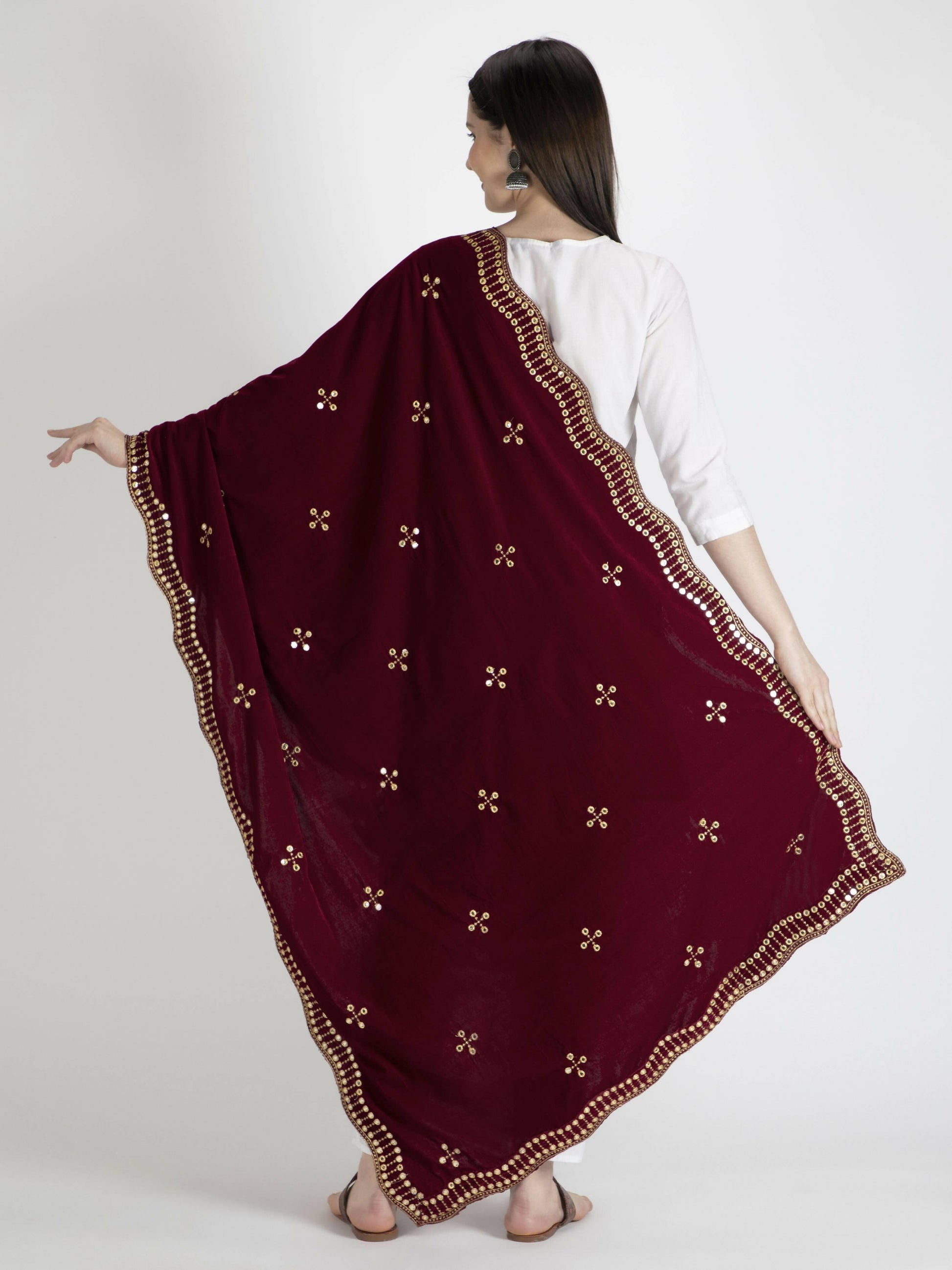 Embroidered Velvet Marron Dupatta For Women - HalfPe