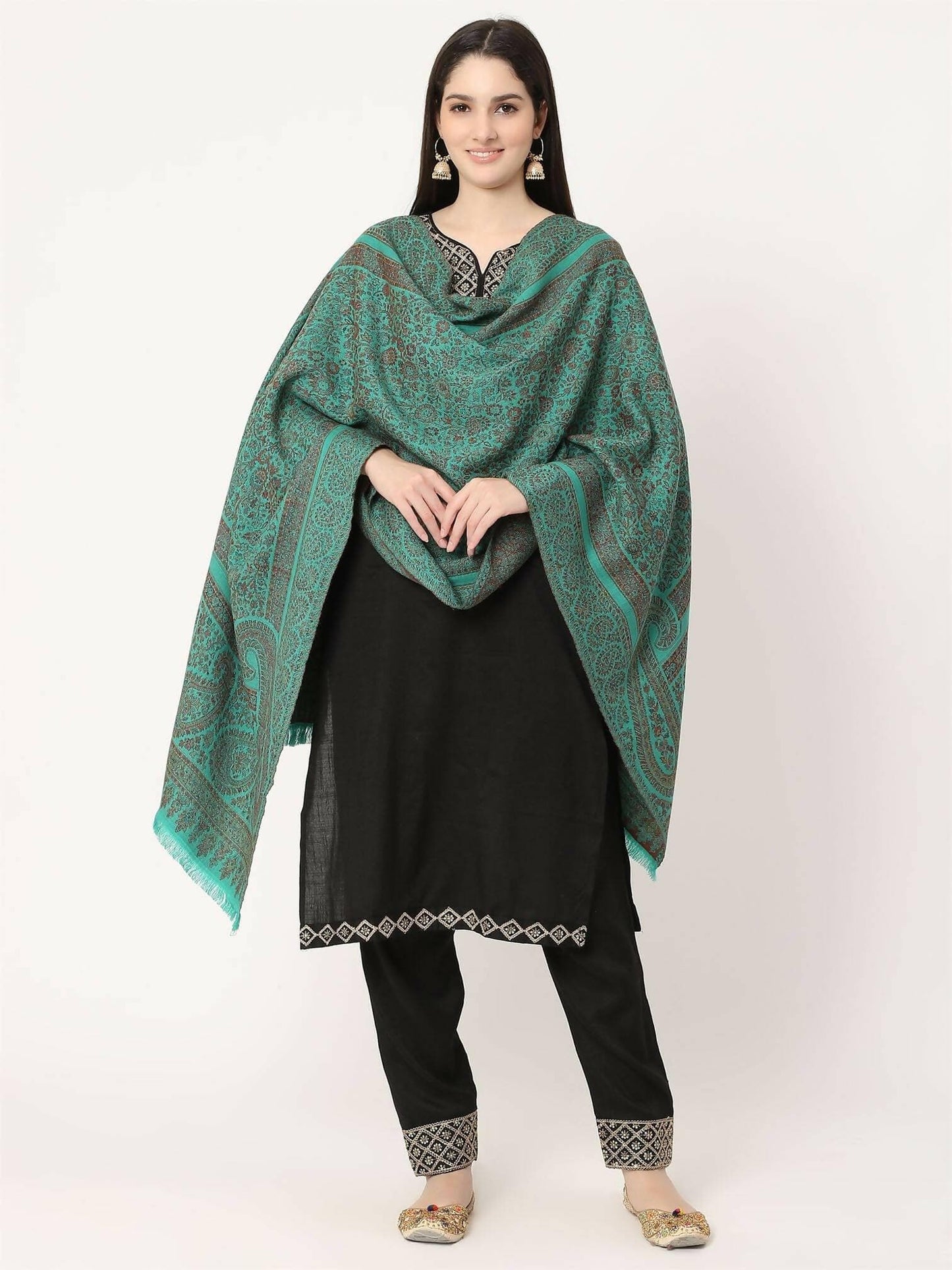 Turquoise Green and Brown Paisley Wool Stole for women - HalfPe