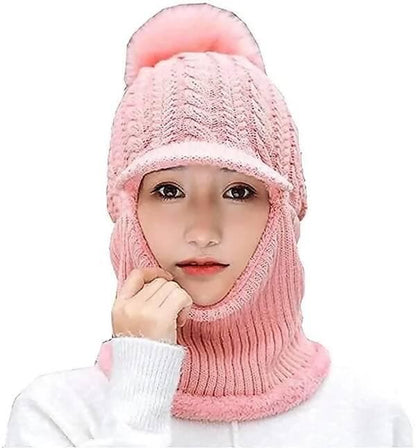 Woven Women And Girls Warm Winter Knitted Hats Add Fur Lined That Cover Face With Attached Neck Cover And Mask, Warmer Balaclava Pompoms Cap - HalfPe