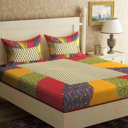 Jaipuri traditional Flower Design queen size cotton bedsheet with two pillow cover - HalfPe