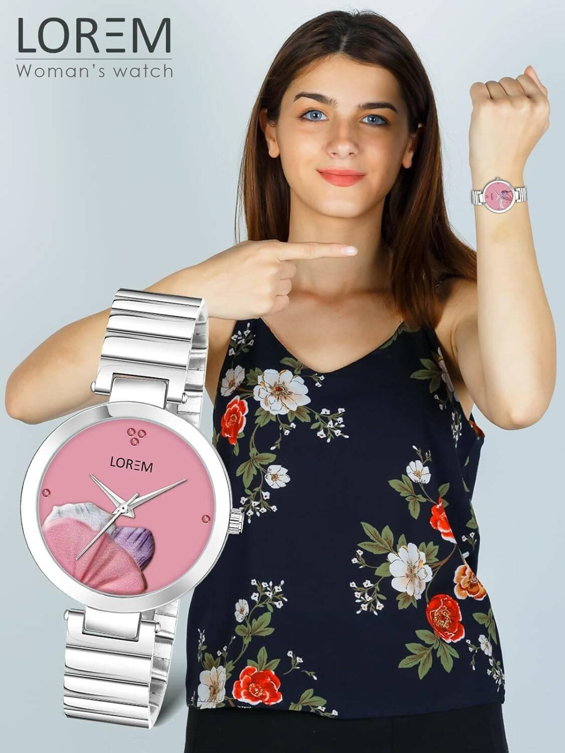 LOREM Pink Flower Designer Analog Watch For Women - HalfPe