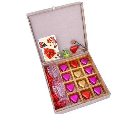 MANTOUSS Valentines day gift for boyfriend/girlfriend/Valentines day gift hamper-Red decorated box filled with chocolates+2 shot glasses+glass candle+valentines day greeting card+Love Message bottle+Fur Love Heart - HalfPe