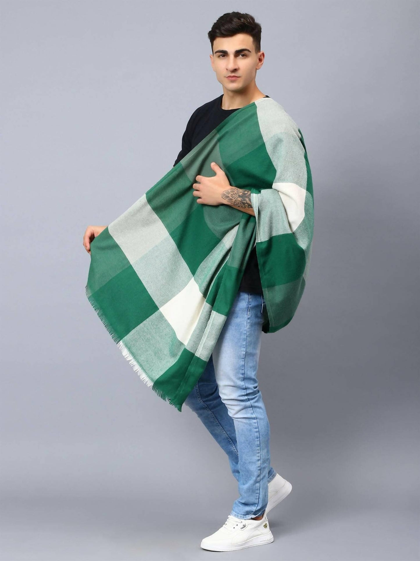 Bottle Green and White Unisex Pashmina Stole - HalfPe