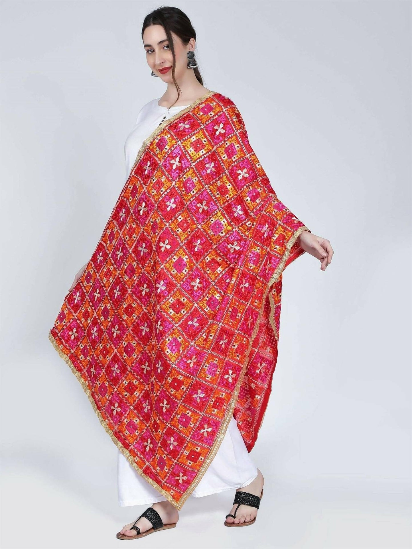 Multicolour Phulkari Dupatta (Magenta Orange Red) - HalfPe