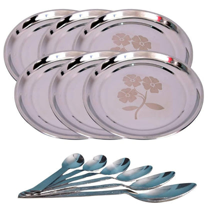 SHINI LIFESTYLE Stainless Steel Heavy Gauge Dinner Plates With Spoons (Pack of 12) - HalfPe