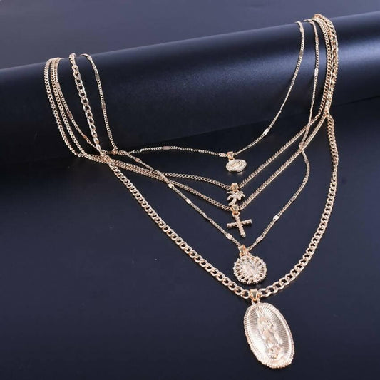 Pinapes Fashion Latest Multilayer Western Neckpiece Neck Chain Necklace for Women and Girls, Golden - HalfPe