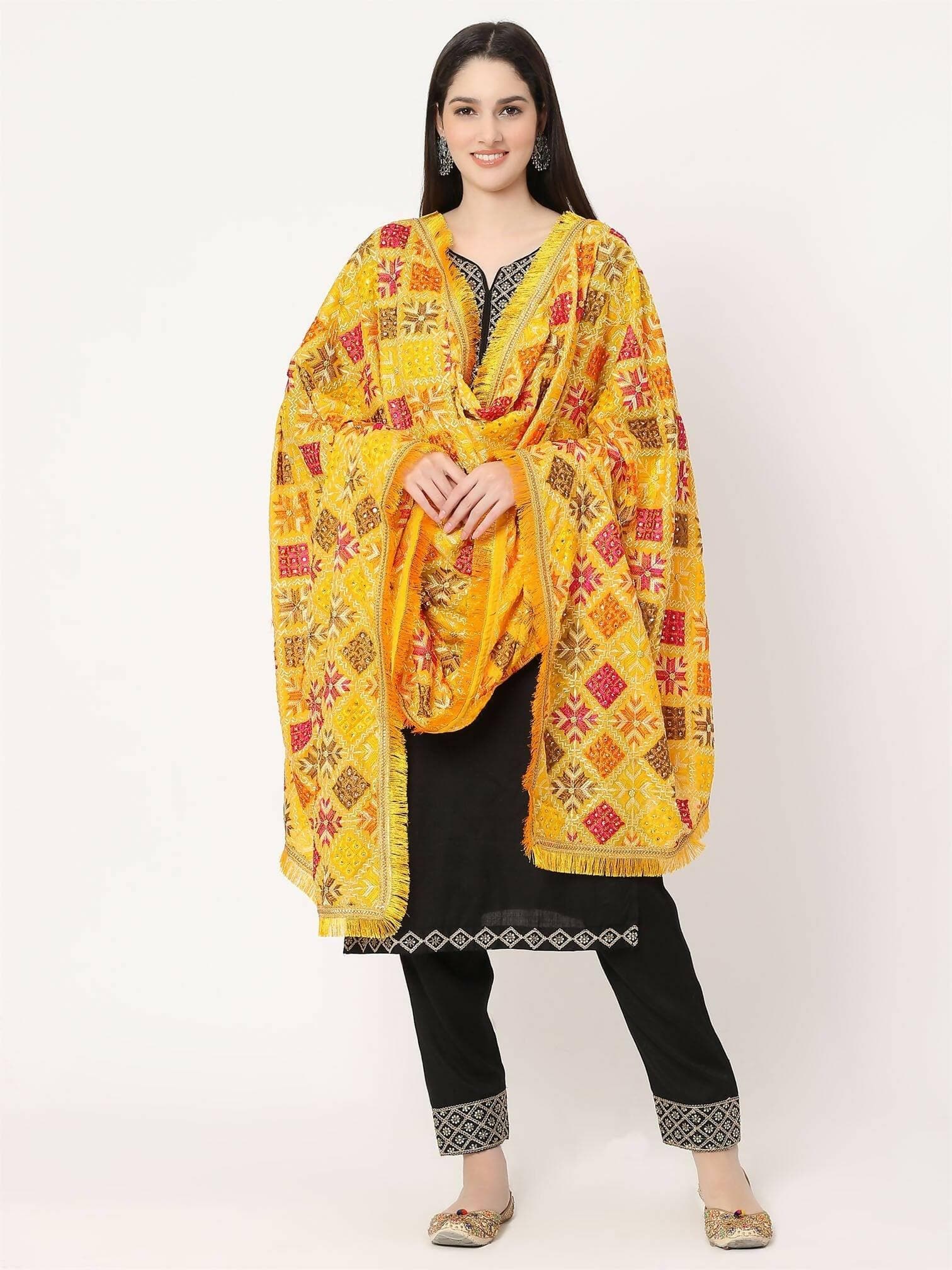 Yellow Multicolour Embroidery Phulkari Dupatta with Beads - HalfPe