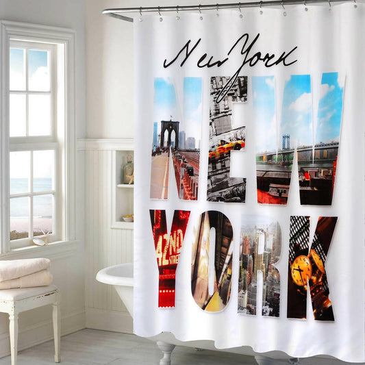 Lushomes shower curtain, New York Printed, Polyester waterproof 6x6.5 ft with hooks, non-PVC, Non-Plastic, For Washroom, Balcony for Rain, 12 eyelet & 12 Hooks (6 ft W x 6.5 Ft) - HalfPe