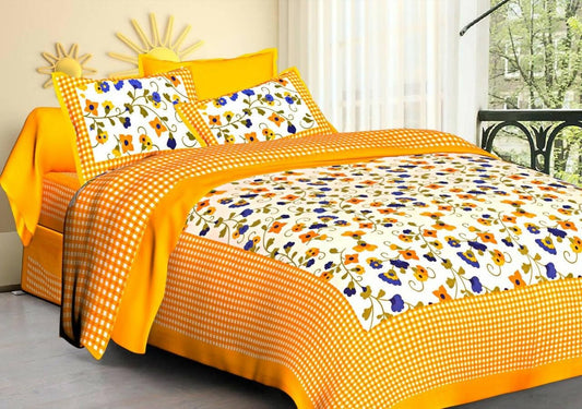 Jaipuri traditional Yellow Border floral Printed Design queen size cotton bedsheet with two pillow cover - HalfPe