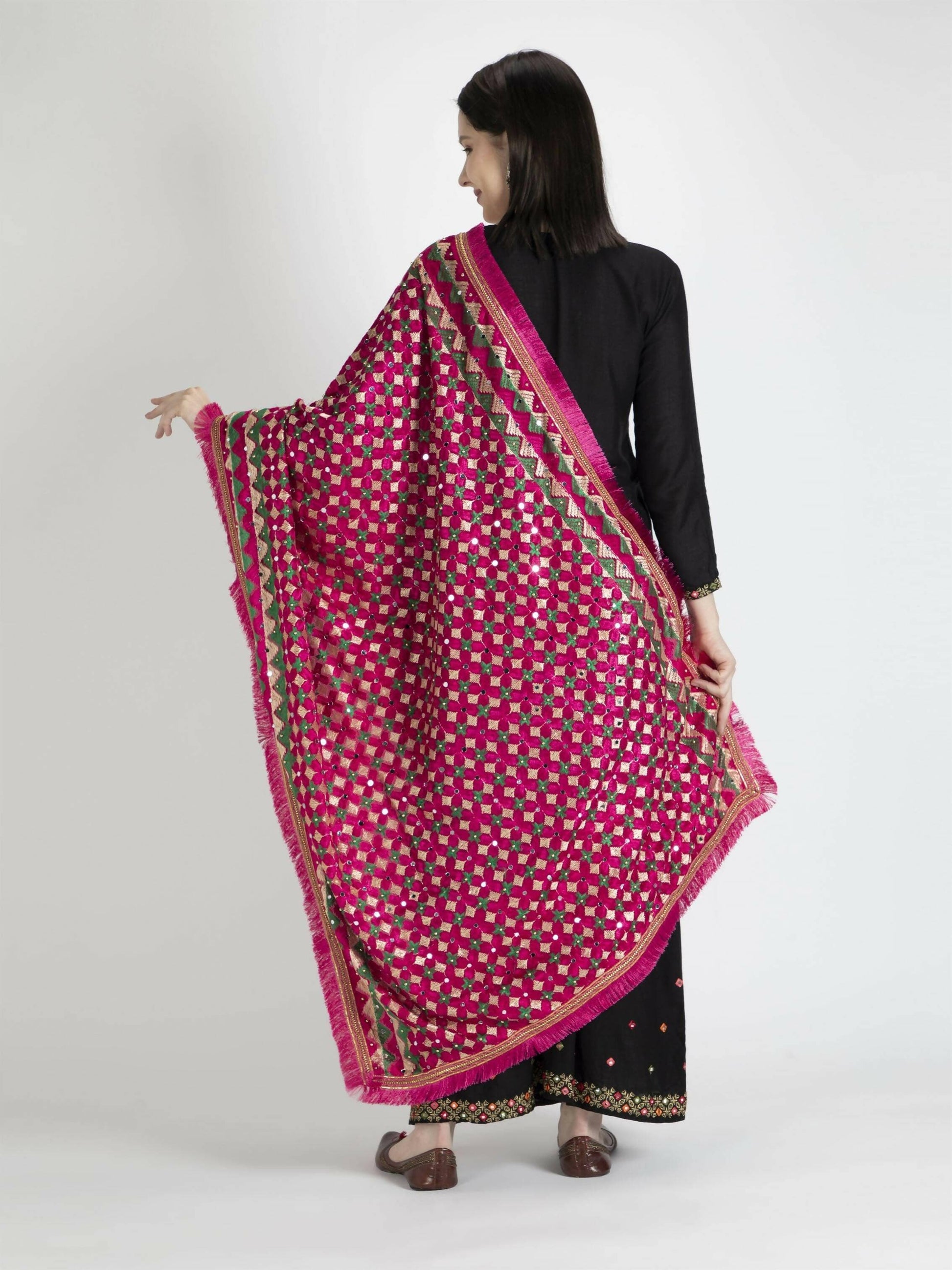 Phulkari Dupatta with Mirror Work (Magenta Green) - HalfPe