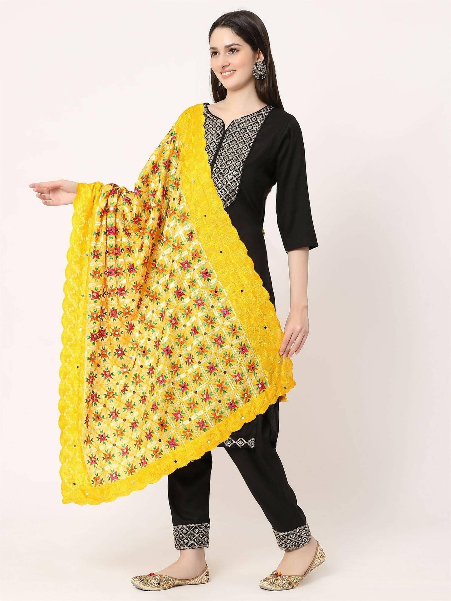 Yellow Multicolour Chiffon Phulkari Embroidery Dupatta - HalfPe