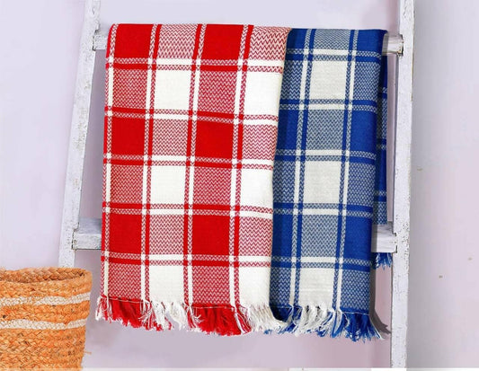 Lushomes Towels for Bath, Cotton Bath Towel Checks Combo, Towels for Bath Large Size, Red Blue Combo (Pack of 2) - HalfPe