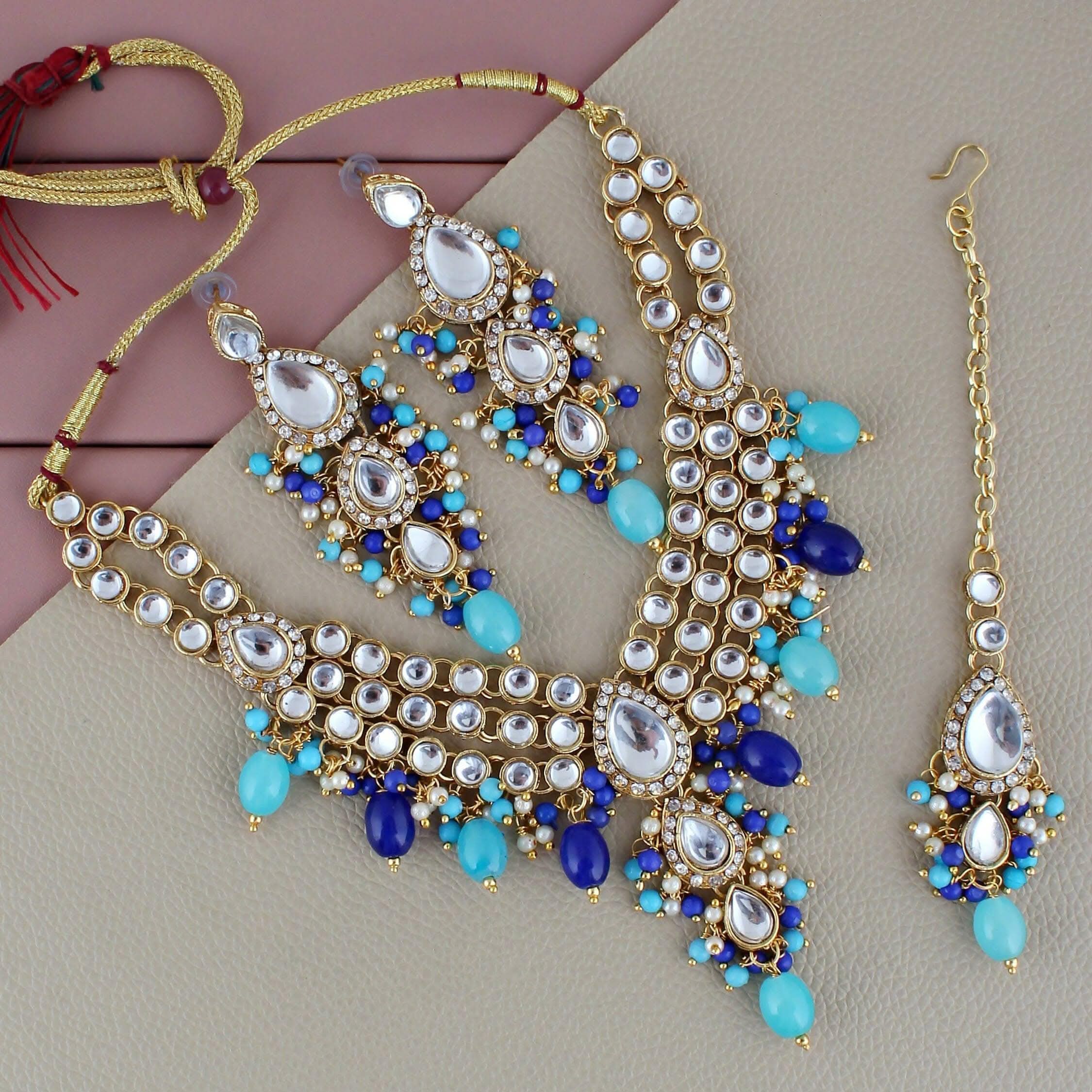 LUCKY JEWELLERY Gold Plated Multi Color Tika Earring Necklace Combo Kundan Jewellery Set - HalfPe