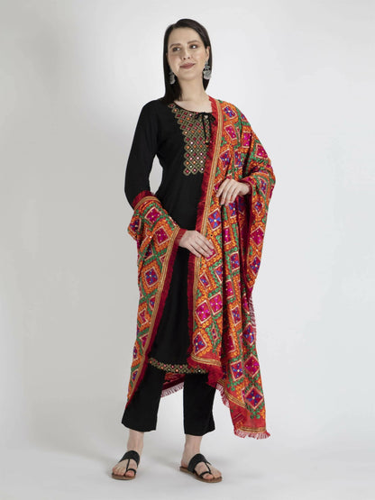 Phulkari Dupatta with Mirror Work (multi-color) - HalfPe