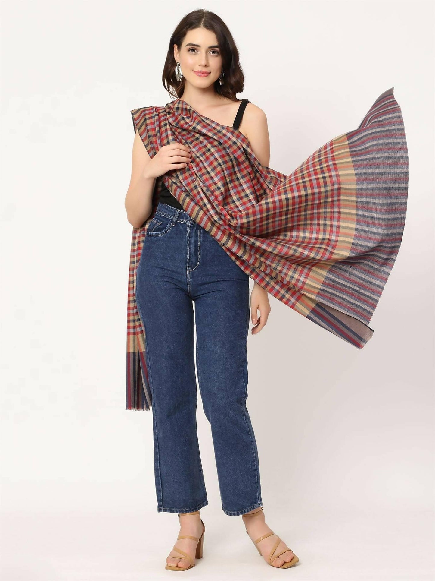 Blue Multi Check Shawl for women - HalfPe