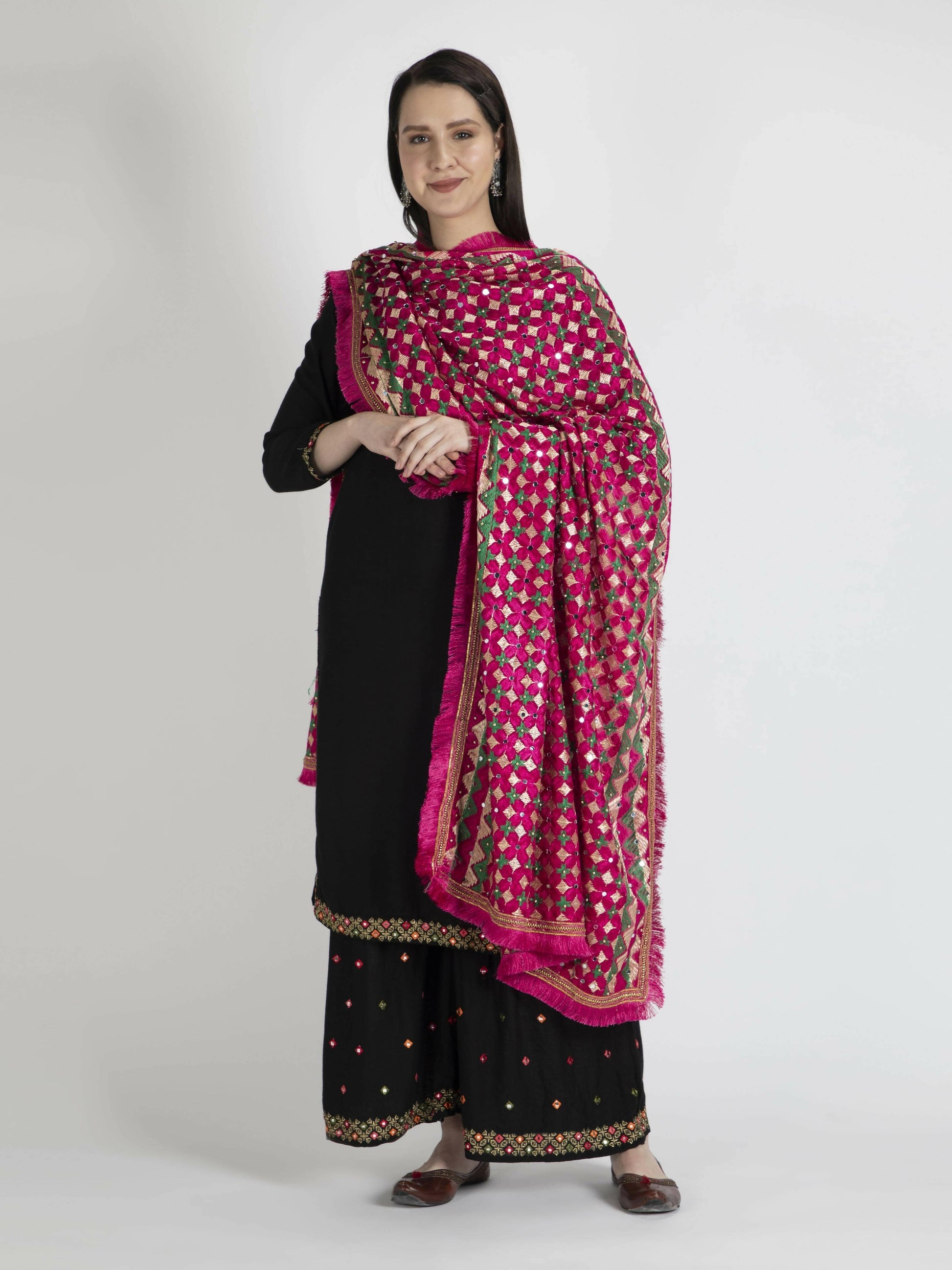 Phulkari Dupatta with Mirror Work (Magenta Green) - HalfPe