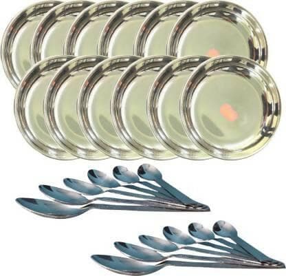 Shini lifestyles dinner set of thali 12pcs and spoons 12 pcs with laser design (set of 24) - HalfPe