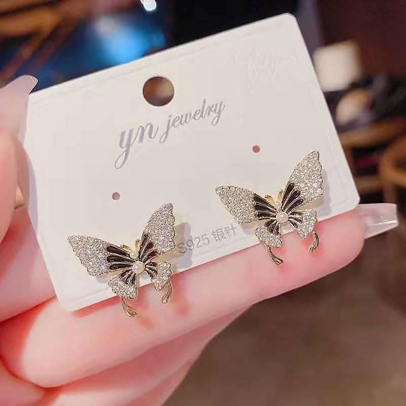 Pinapes black butterfly earrings for women cute girl rhinestone zircon stud earrings - HalfPe