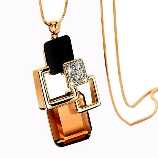 Pinapes Stylish Crystal Square Chain Silver Platinum Plated Pendant Necklace for Women (Brown) - HalfPe