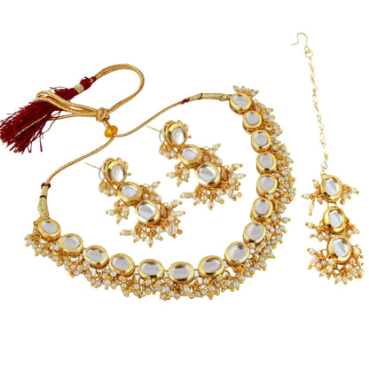 LUCKY JEWELLERY Back Meenakari 18k Gold Plated White Color Tika Earring Combo Uncut Big Faux Kundan Choker Necklace set (gold plated beads) - HalfPe