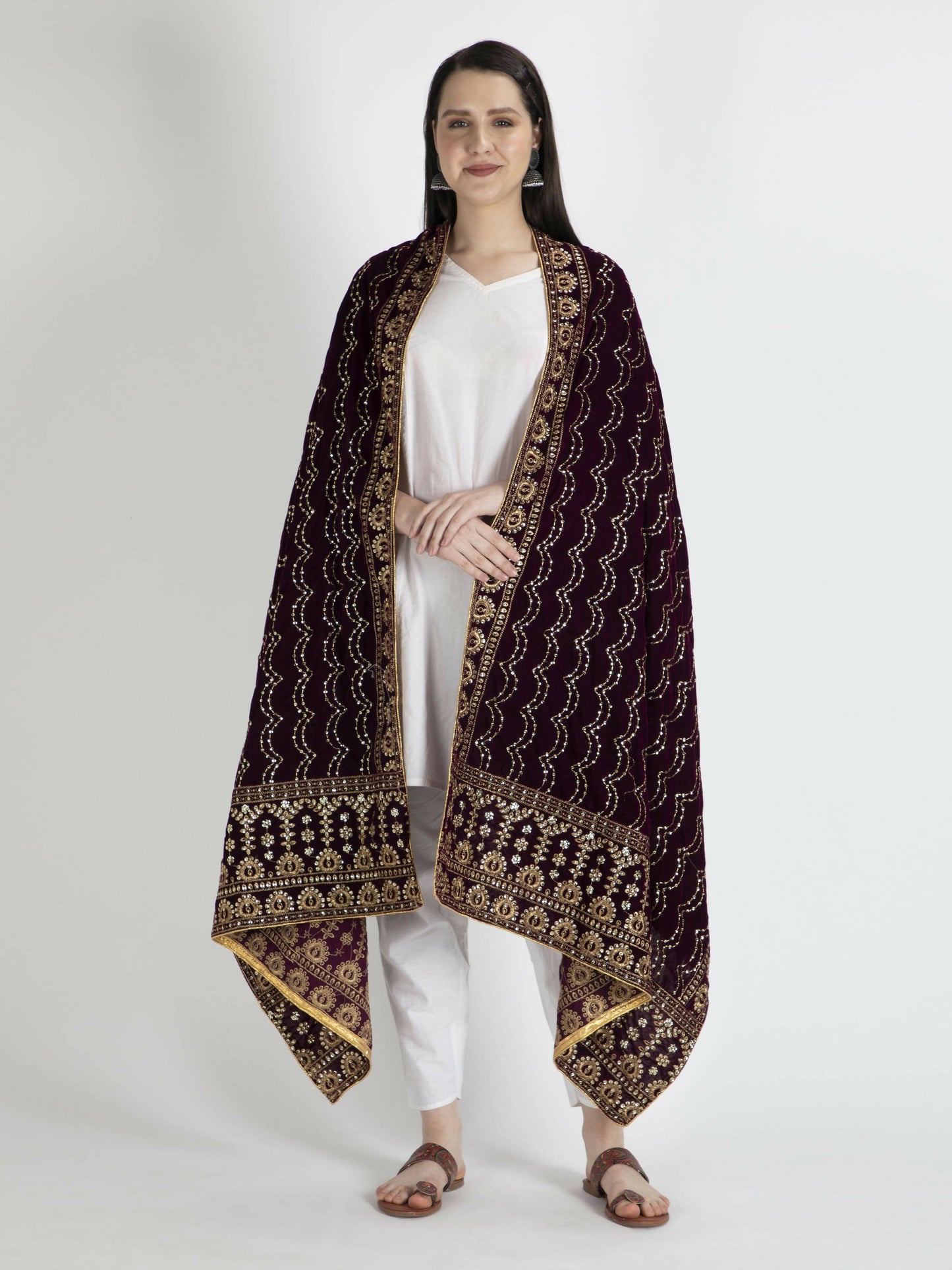 Embroidered Velvet Brown Dupatta For Women - HalfPe