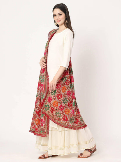 Red Multicolour Embroidery Phulkari Dupatta with Mirror Work - HalfPe