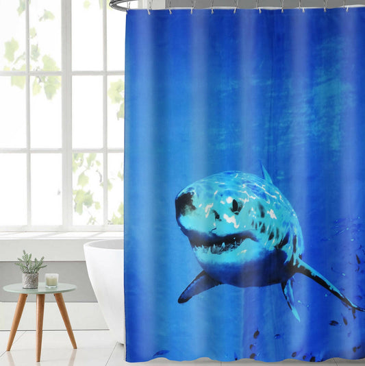 Lushomes shower curtain, Shark Printed Printed, Polyester waterproof 6x6.5 ft with hooks, non-PVC, Non-Plastic, For Washroom, Balcony for Rain, 12 eyelet & 12 Hooks (6 ft W x 6.5 Ft) - HalfPe