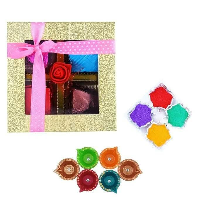 Mantouss Cute Diwali Chocolate Hamper+ 4 Cute Diya and Rangoli Colours - HalfPe