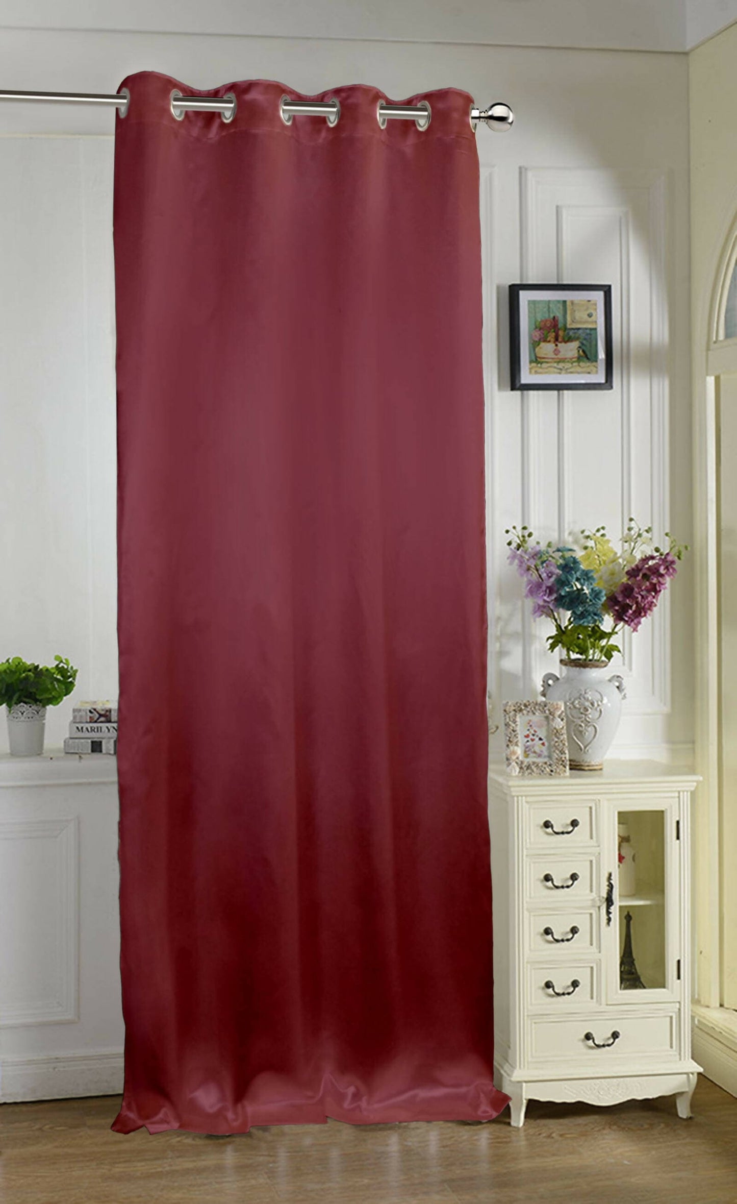 Lushomes Satin Curtains, Burgandy Satin door curtain, Plain Door Curtain, 7.5 feet curtains with 8 Metal SS Eyelets, 4.5 FT x 7.5 FT (54 x 90 inches) - HalfPe