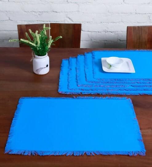 Lushomes dining table mats 6 pieces, Reversible Fancy Fringe dining table mat, dining table accessories for home, kitchen accessories items, Blue and Purple (13 x 19 Inches, Pack of 6) - HalfPe