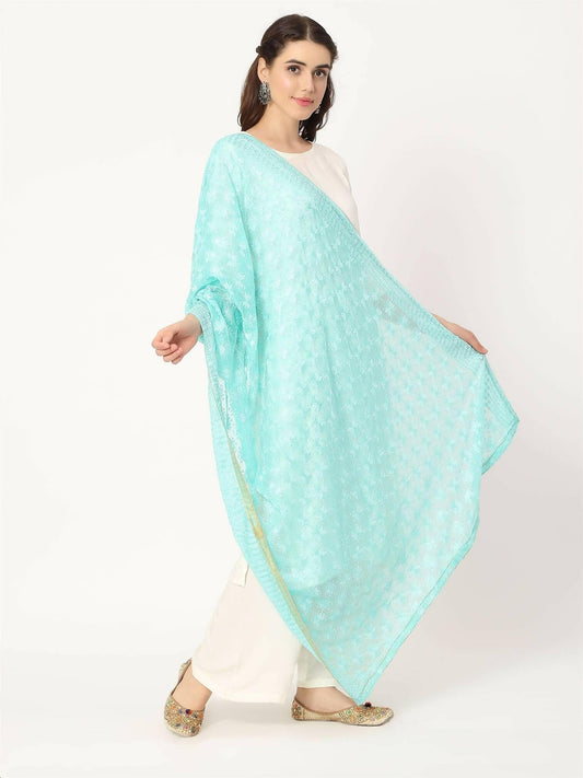 Sea Green Sequined Phulkari Embroidery Dupatta - HalfPe