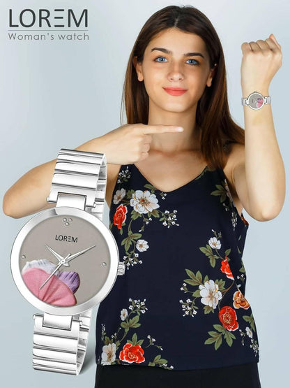 LOREM Grey Flower Designer Analog Watch For Women - HalfPe