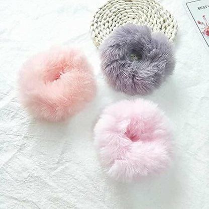 SENECIO Soft Korean Faux Fur Multicolor Fluffy Trendy Hair Tie Scrunchies Rubber (5 pcs, 2 sets) - HalfPe