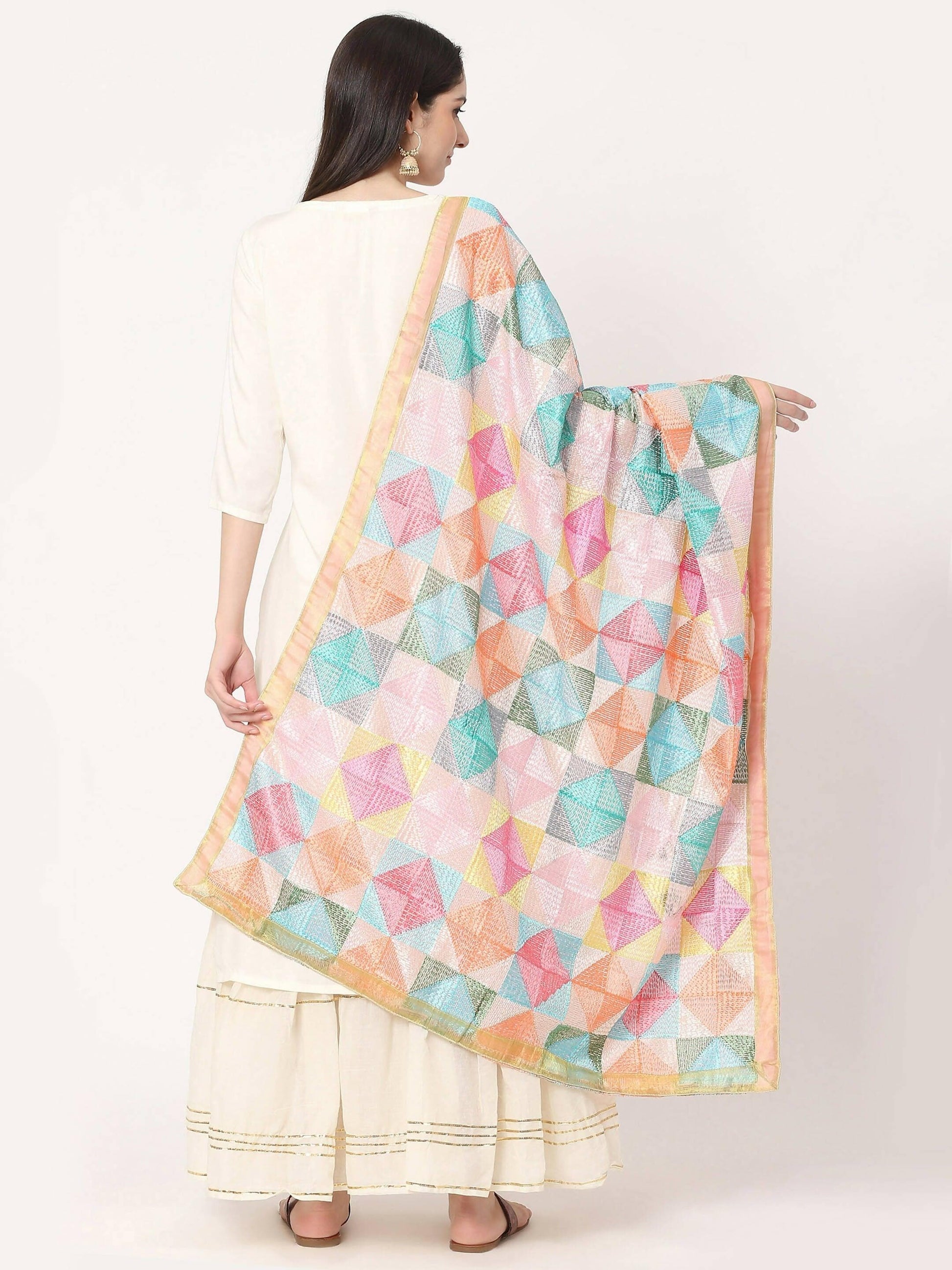 Phulkari Dupatta Pastel Colours with Golden Lace Taping - HalfPe