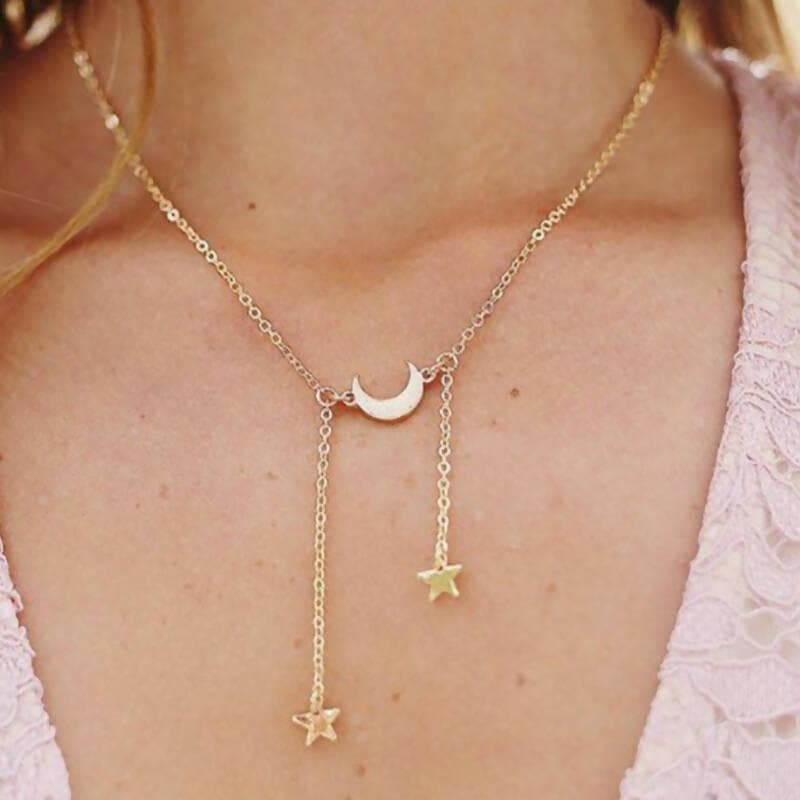 Pinapes Charming Gold Plated Dual Star Layered Stars and Moon Pendant Necklace for Women and Girls - HalfPe