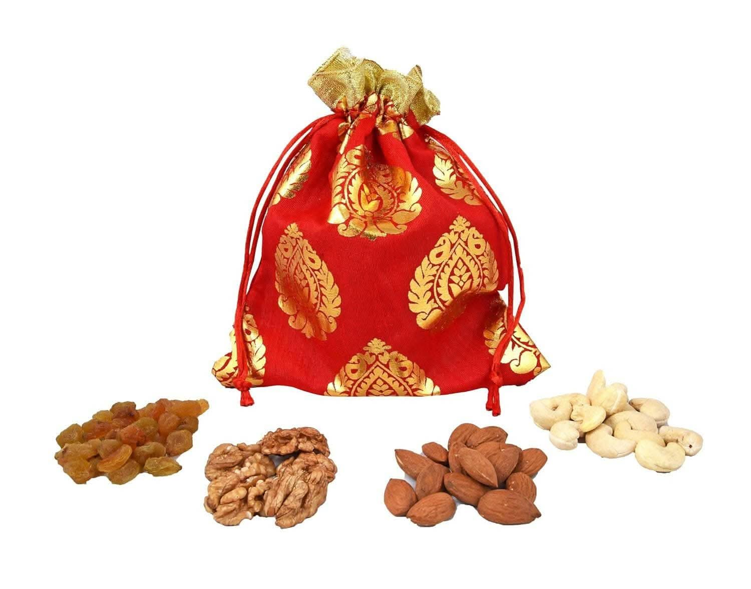 MANTOUSS Pongal/Makar Sankranti Dry Fruit Red Exclusive Potli-Cashew,Almond,Walnut and Raisin (50gms Each) 200gms + Haldi Kumkum - HalfPe