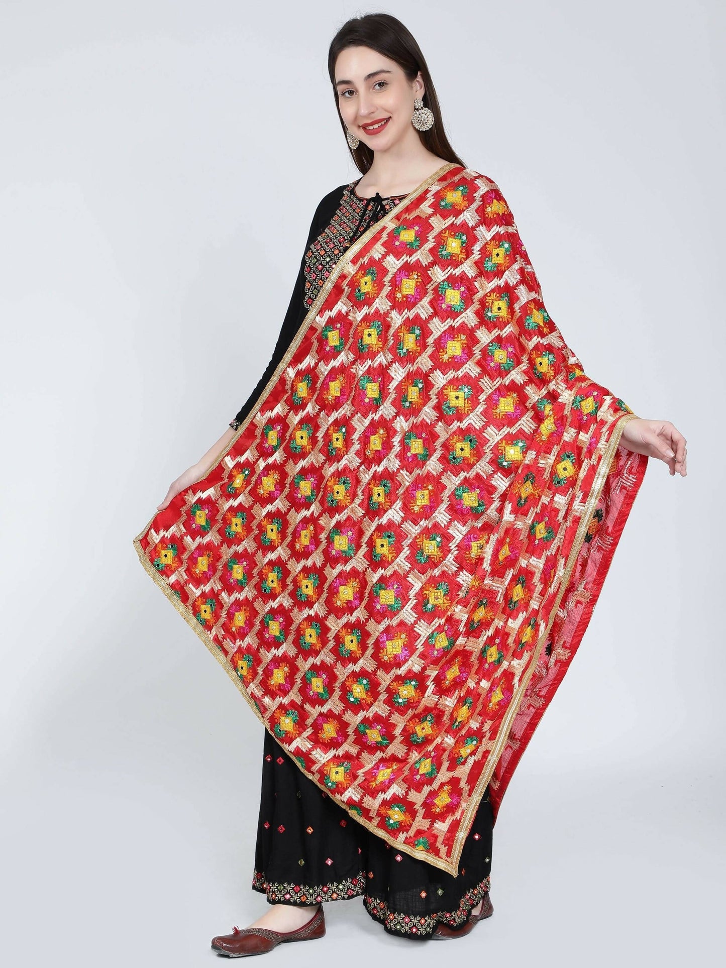 Red Phulkari dupatta (multicolor designs) - HalfPe