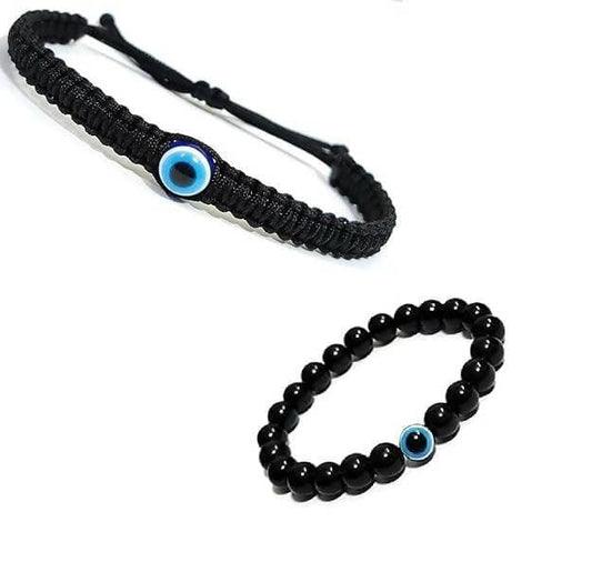 SENECIO Pack Of 2 Black Evil Eye Threaded & Beaded Handmade Lucky Charm Protection Bracelet Set Nazar Battu For Men & Women - HalfPe